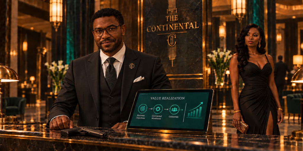 An elegant fictional hotel reception with a value realization dashboard.